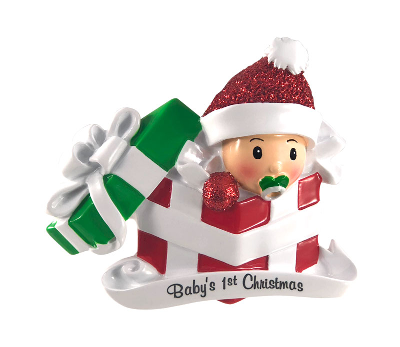 Baby in Red and Green Present Personalised Christmas Decoration