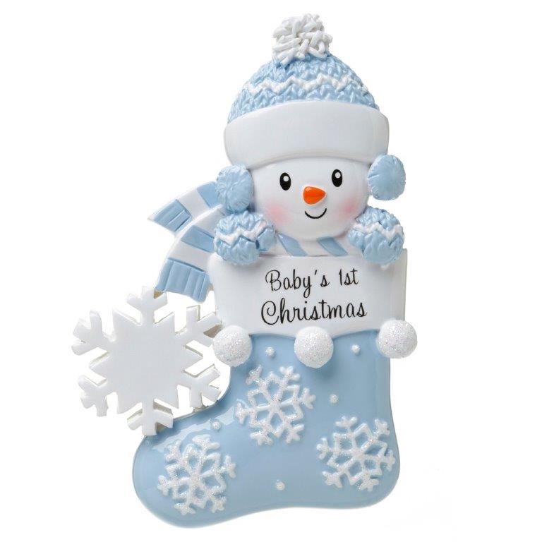 Baby Snowman In Stocking Blue - Baby's First Christmas Personalised Christmas Decoration