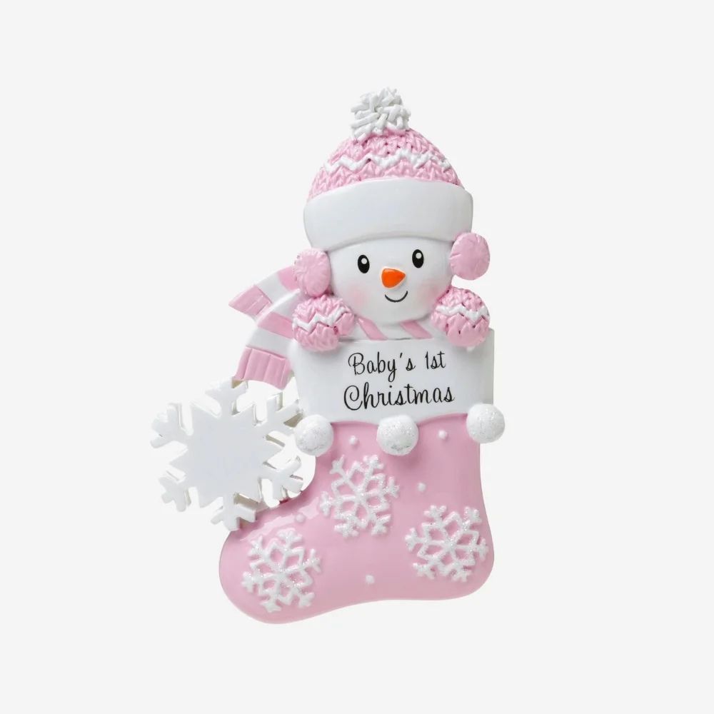 Baby snowman in stocking Pink - Babys First Christmas Personalised Christmas Decoration