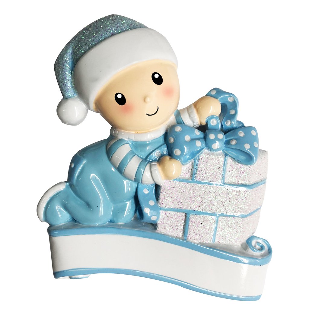 Baby Opening Presents Blue | Personalised Christmas Decoration