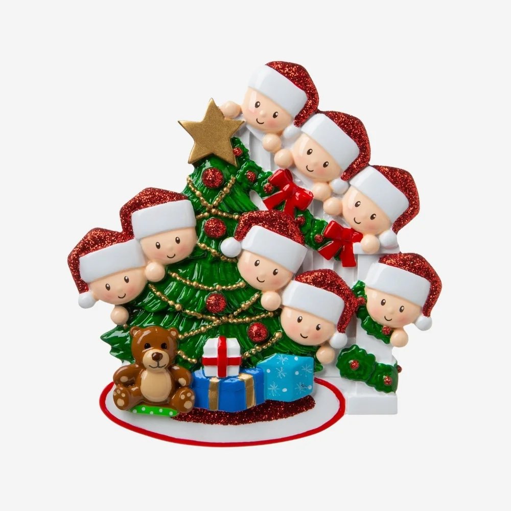 Family Peeking over the Bannisters for a family of 8 Personalised Christmas Decoration 