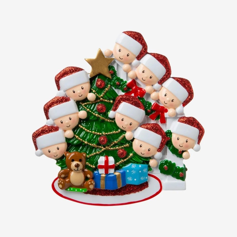 Family Peeking over the Bannisters for a family of 9 Personalised Christmas Decoration 