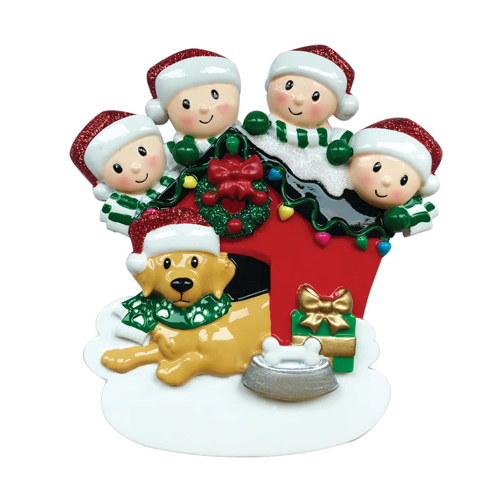 Family of 4 with their Dog Personalised Christmas Decoration