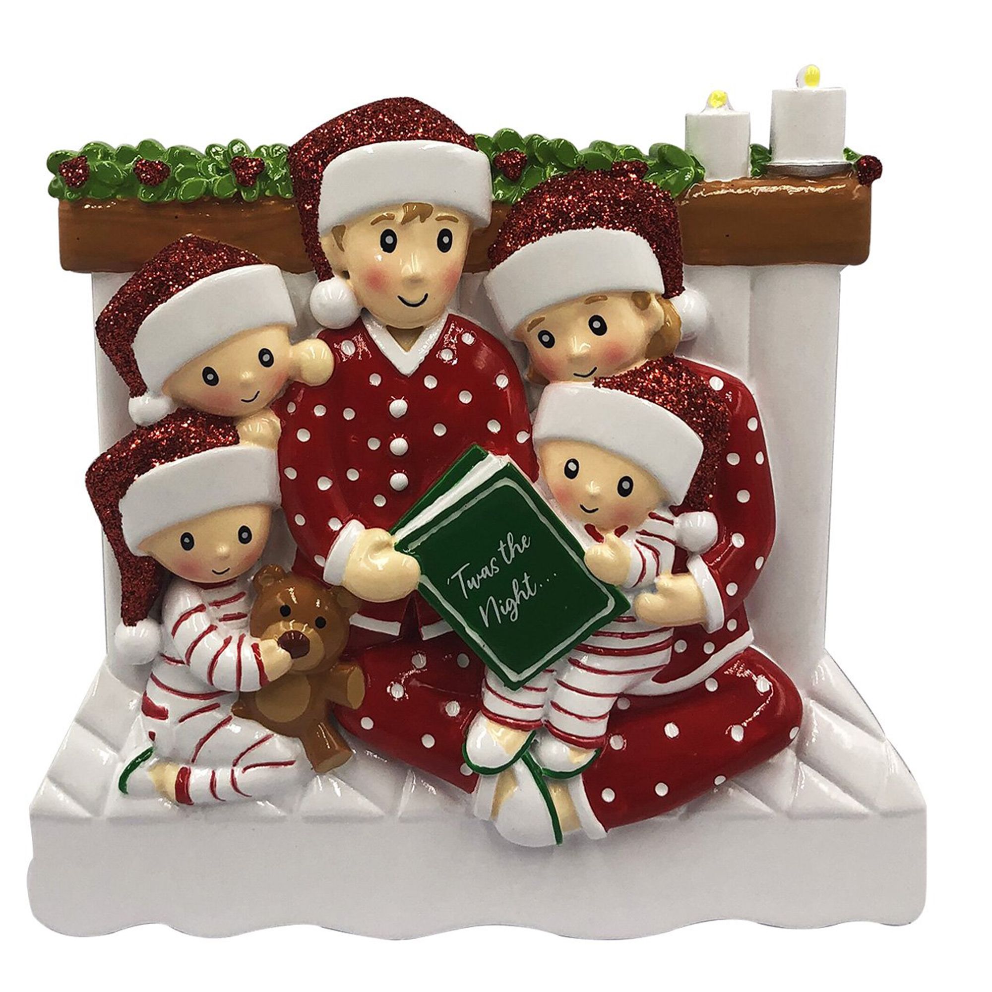 Family Reading in a bed x 5 Personalised Christmas Decoration