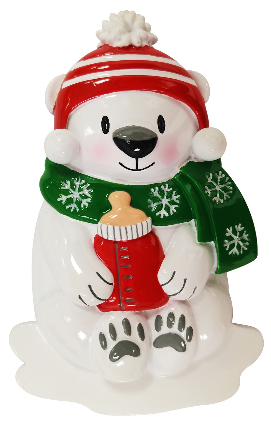 Baby Polar Bear - Red and Green - Personalised Christmas Decoration