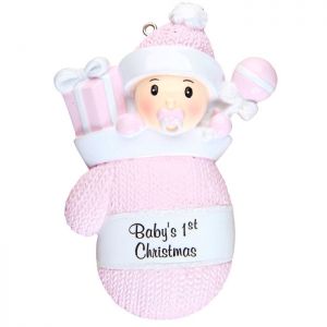 Babys First - Baby Girl in a Mitten Stocking - Pink Personalised Christmas Decoration