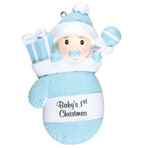 Babys First - Baby Boy in a Mitten Stocking - Blue Personalised Christmas Decoration