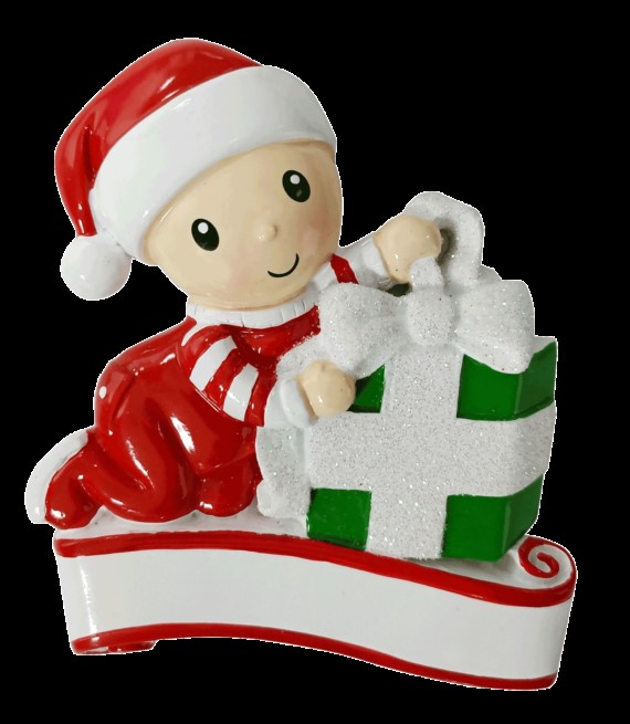 Baby Opening a Present Red and Green Personalised Christmas Decoration