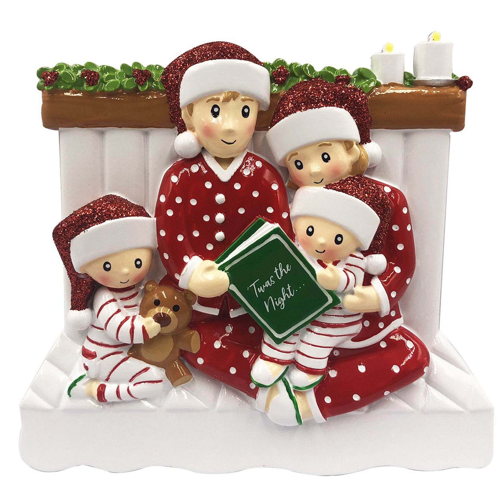Family Reading in a bed x 4 Personalised Christmas Decoration